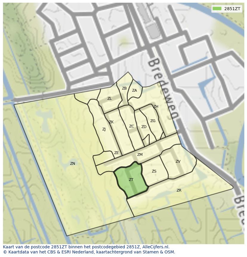 Afbeelding van het postcodegebied 2851 ZT op de kaart.