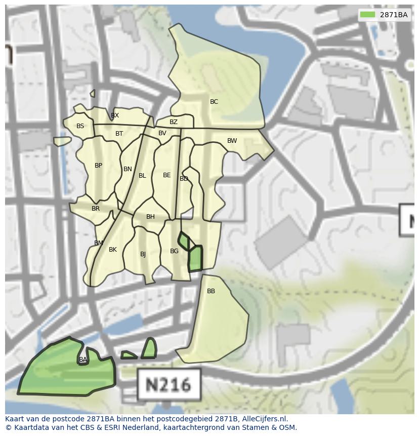 Afbeelding van het postcodegebied 2871 BA op de kaart.