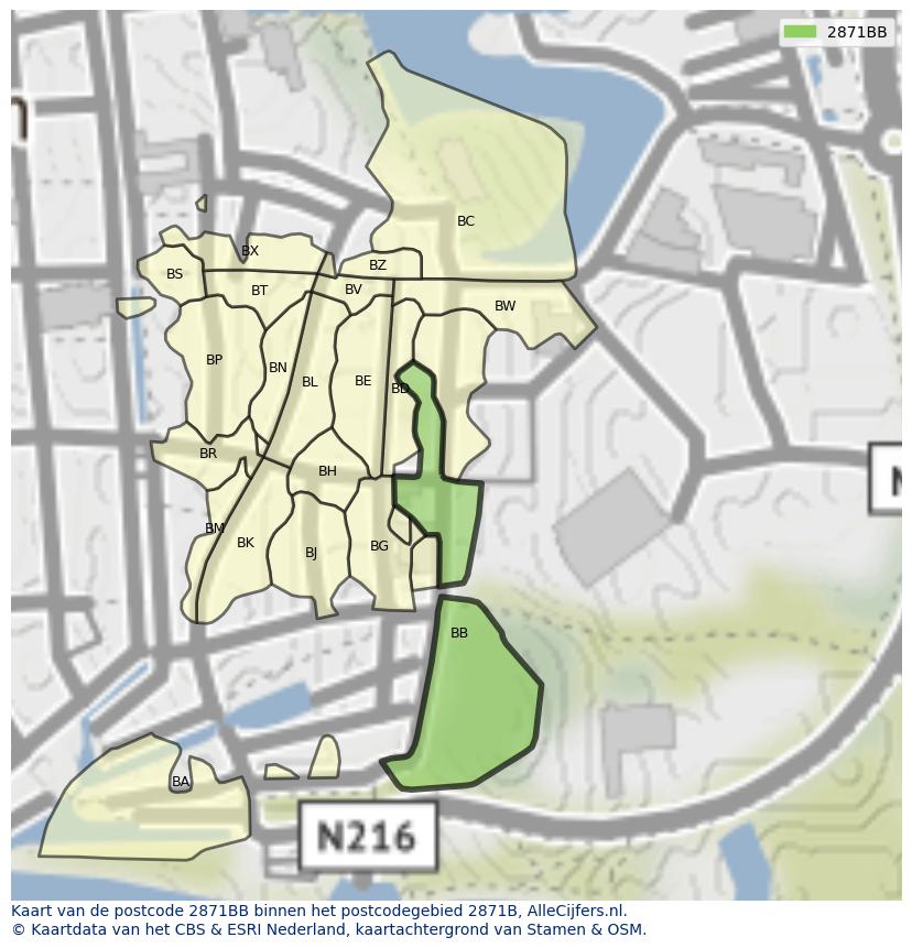 Afbeelding van het postcodegebied 2871 BB op de kaart.