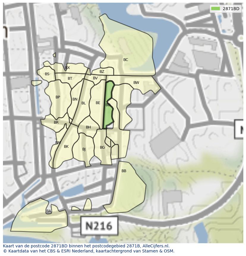 Afbeelding van het postcodegebied 2871 BD op de kaart.