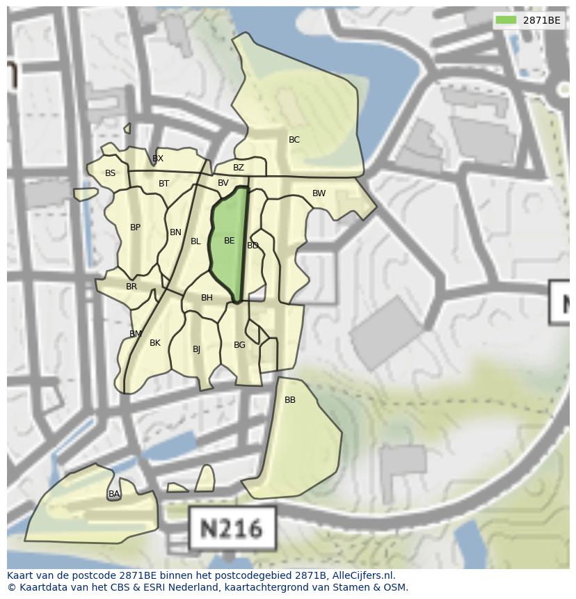 Afbeelding van het postcodegebied 2871 BE op de kaart.
