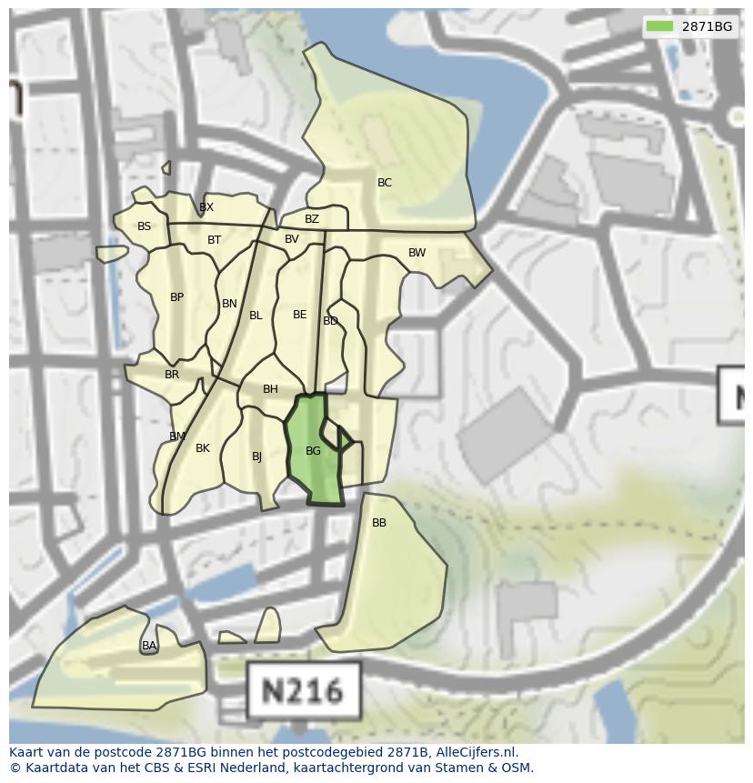 Afbeelding van het postcodegebied 2871 BG op de kaart.