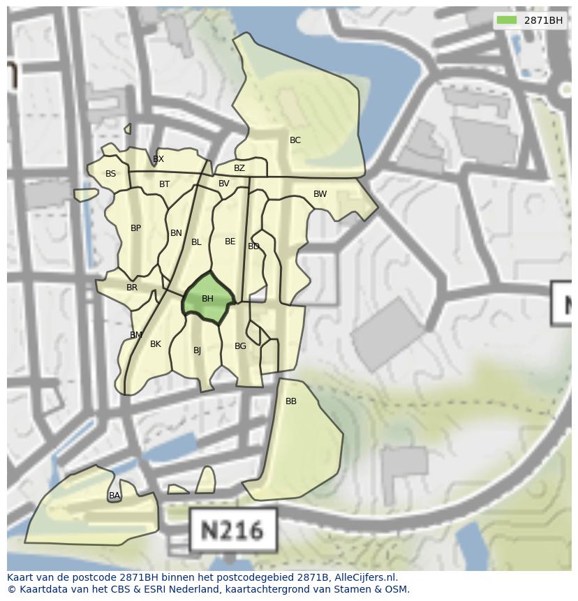 Afbeelding van het postcodegebied 2871 BH op de kaart.