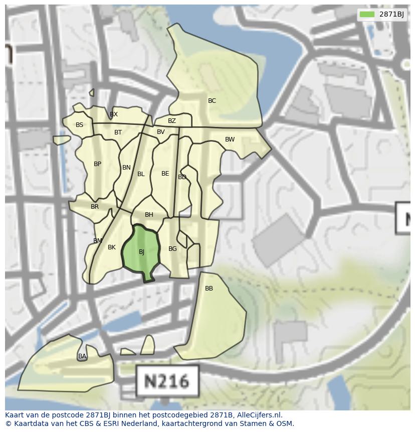 Afbeelding van het postcodegebied 2871 BJ op de kaart.