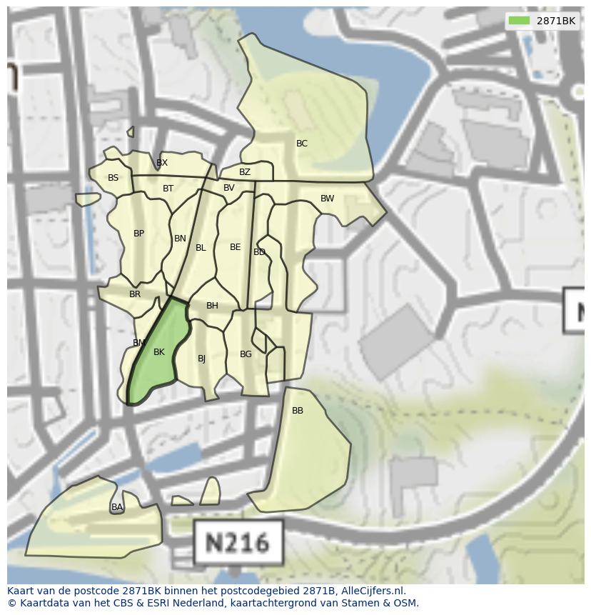 Afbeelding van het postcodegebied 2871 BK op de kaart.