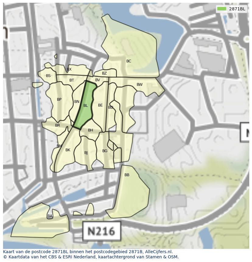 Afbeelding van het postcodegebied 2871 BL op de kaart.