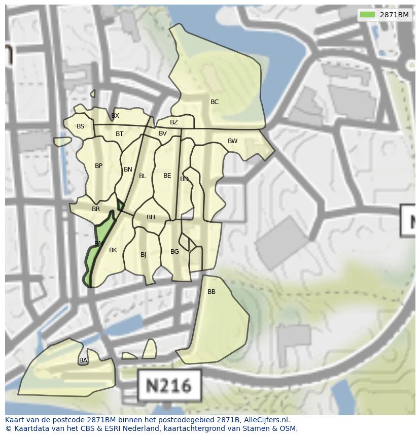 Afbeelding van het postcodegebied 2871 BM op de kaart.