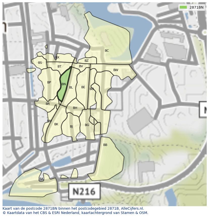 Afbeelding van het postcodegebied 2871 BN op de kaart.