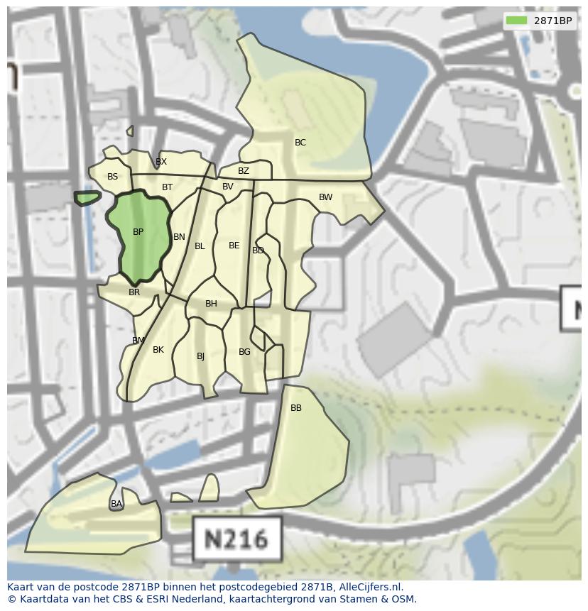 Afbeelding van het postcodegebied 2871 BP op de kaart.