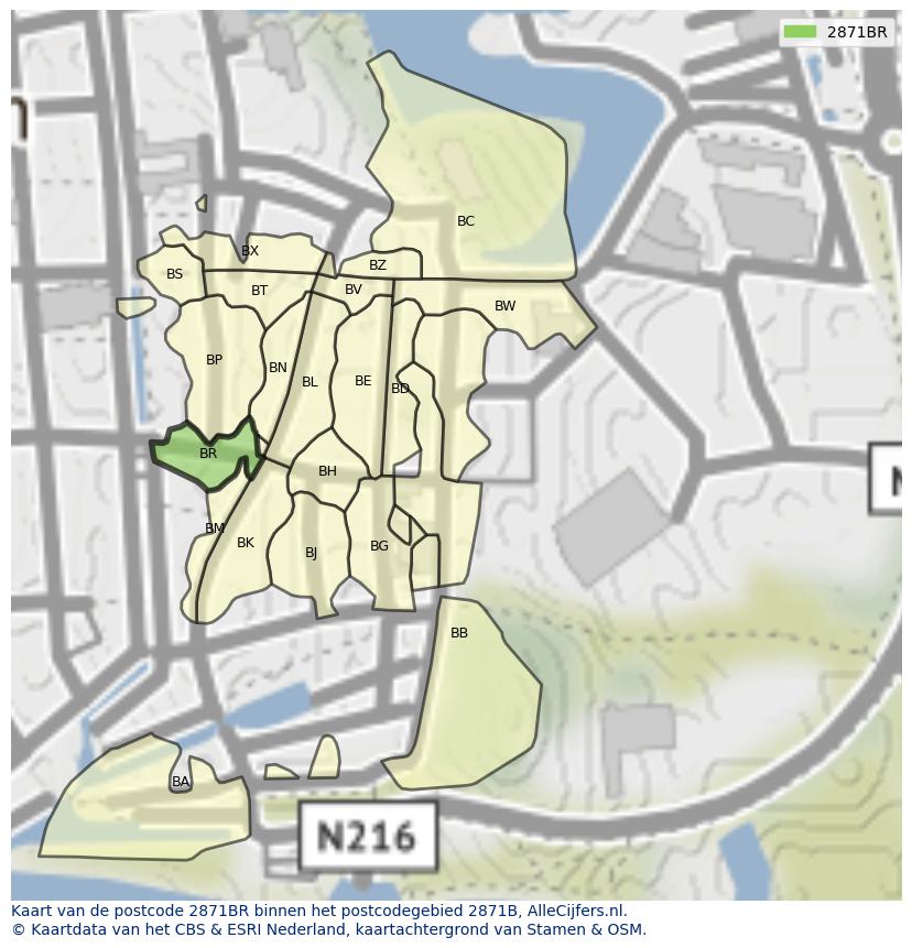 Afbeelding van het postcodegebied 2871 BR op de kaart.