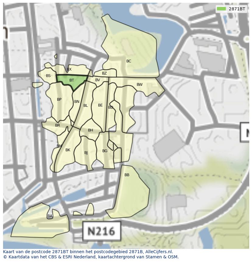Afbeelding van het postcodegebied 2871 BT op de kaart.