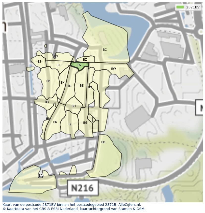 Afbeelding van het postcodegebied 2871 BV op de kaart.