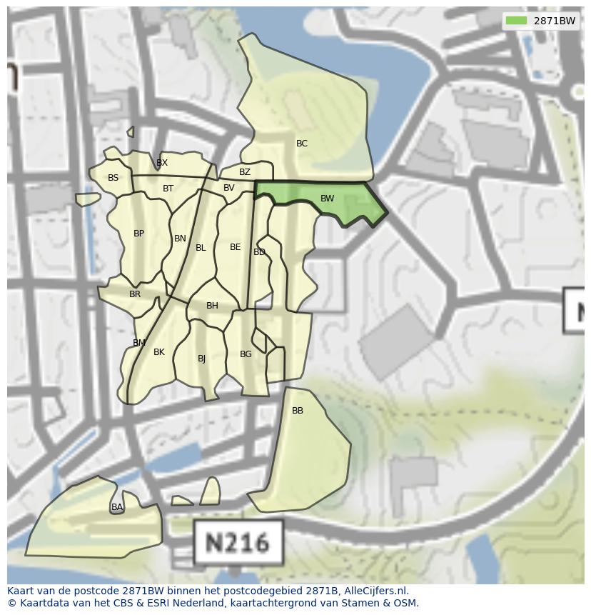Afbeelding van het postcodegebied 2871 BW op de kaart.
