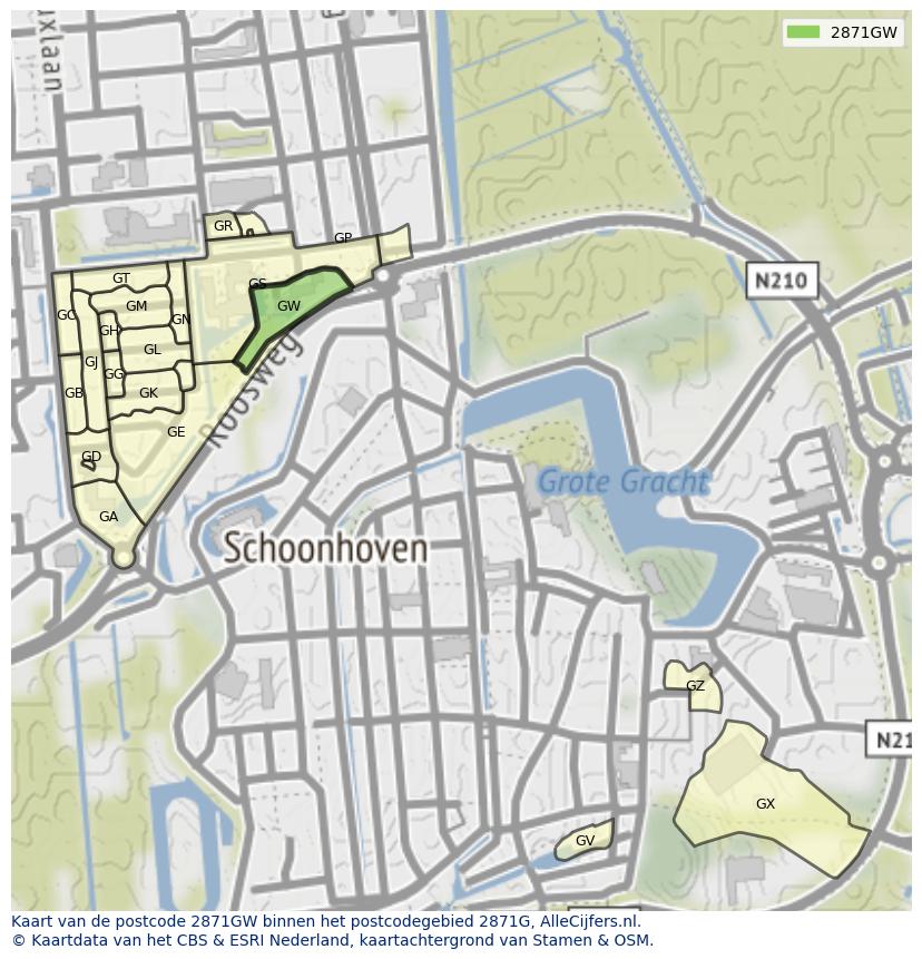 Afbeelding van het postcodegebied 2871 GW op de kaart.