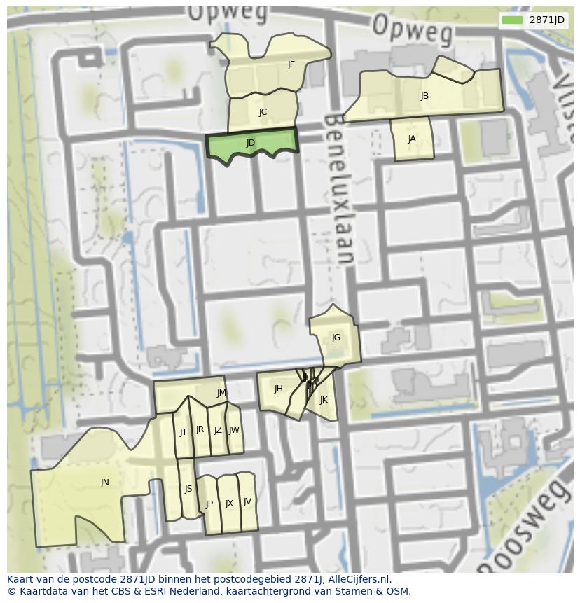 Afbeelding van het postcodegebied 2871 JD op de kaart.