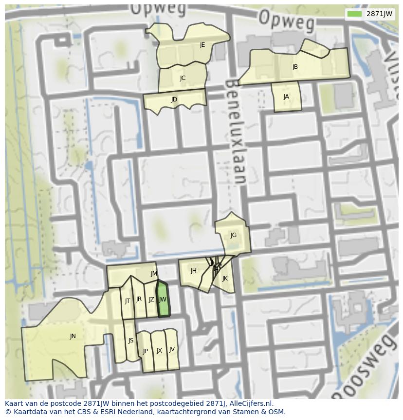 Afbeelding van het postcodegebied 2871 JW op de kaart.