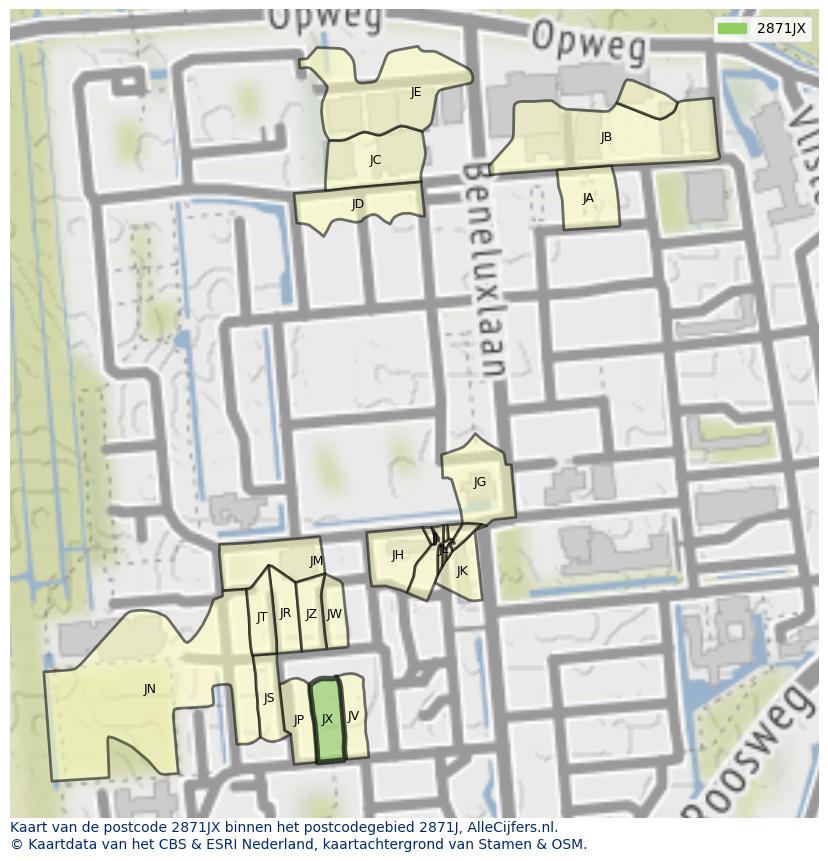 Afbeelding van het postcodegebied 2871 JX op de kaart.