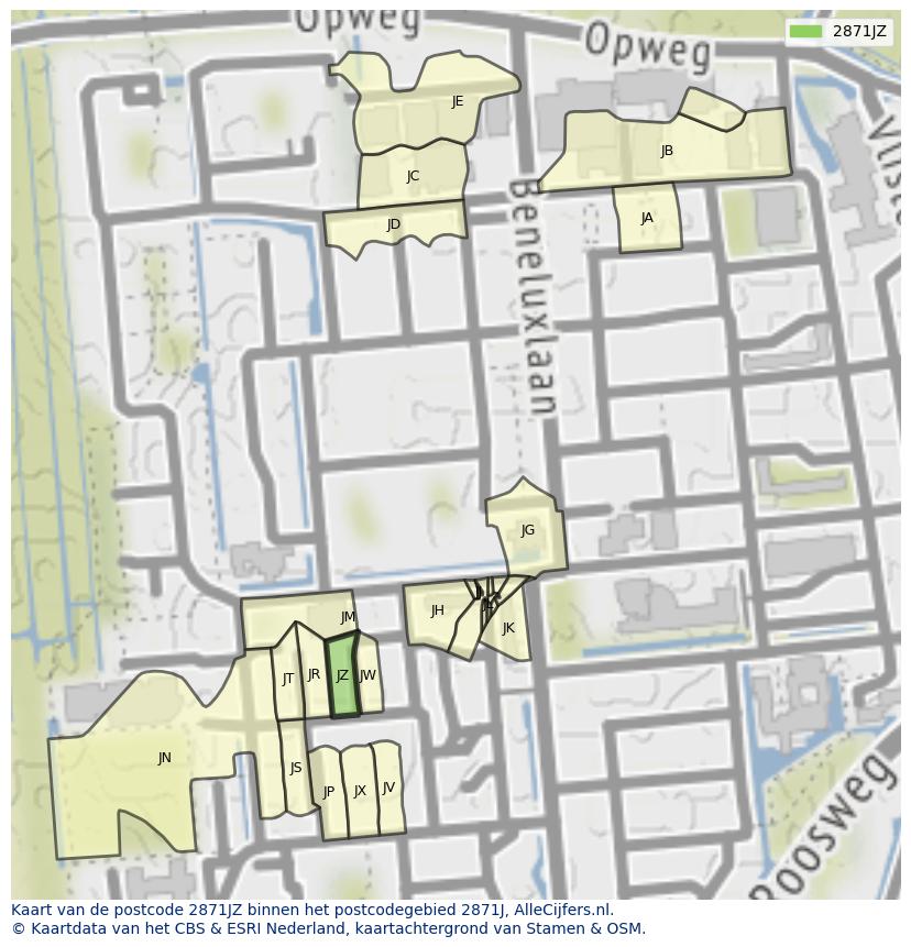 Afbeelding van het postcodegebied 2871 JZ op de kaart.