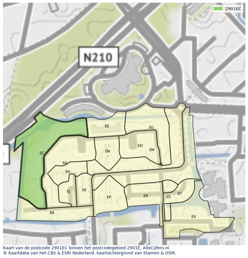 Afbeelding van het postcodegebied 2901 EC op de kaart.