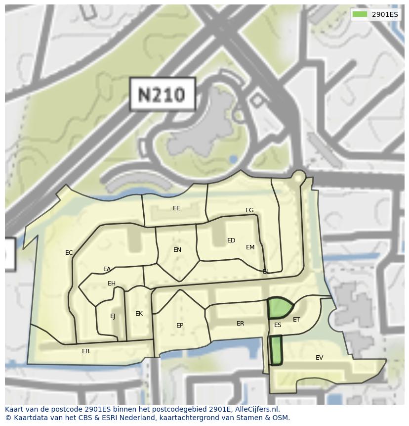 Afbeelding van het postcodegebied 2901 ES op de kaart.