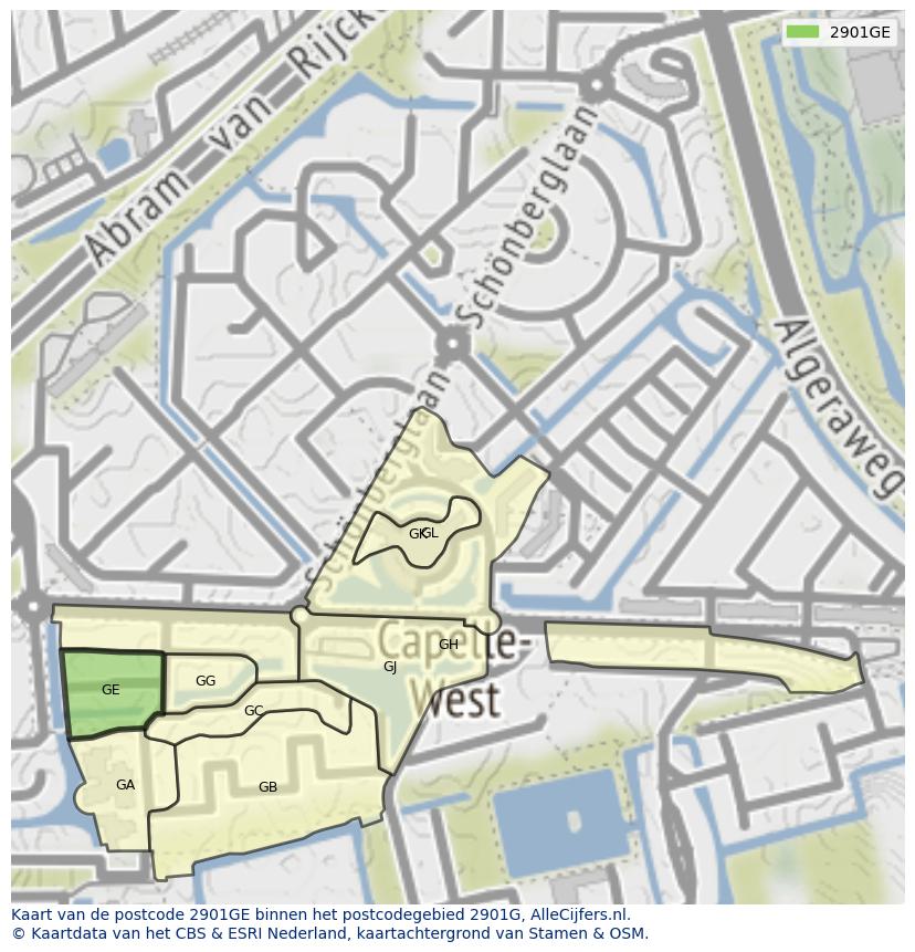 Afbeelding van het postcodegebied 2901 GE op de kaart.