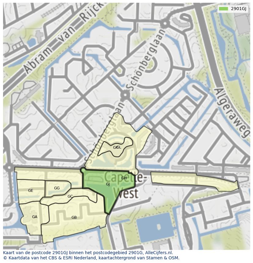 Afbeelding van het postcodegebied 2901 GJ op de kaart.