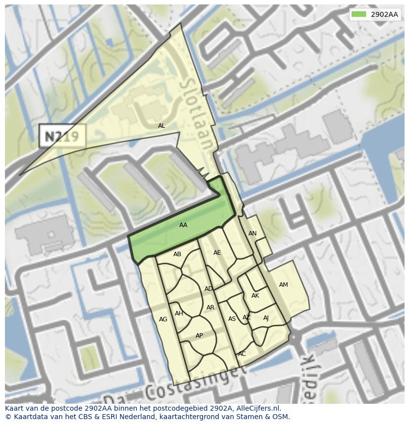 Afbeelding van het postcodegebied 2902 AA op de kaart.