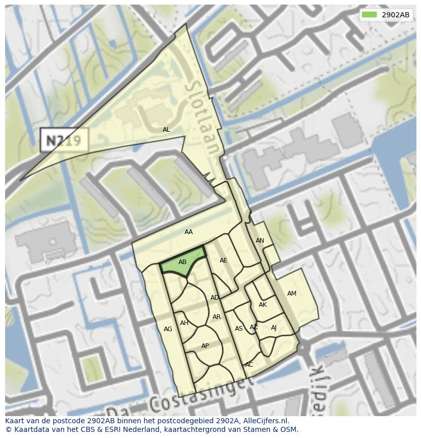 Afbeelding van het postcodegebied 2902 AB op de kaart.