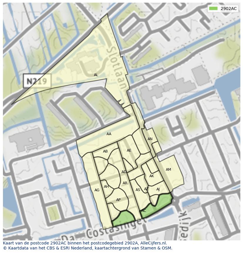 Afbeelding van het postcodegebied 2902 AC op de kaart.