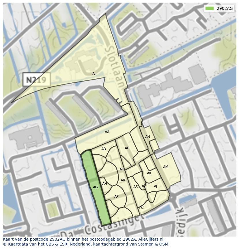 Afbeelding van het postcodegebied 2902 AG op de kaart.