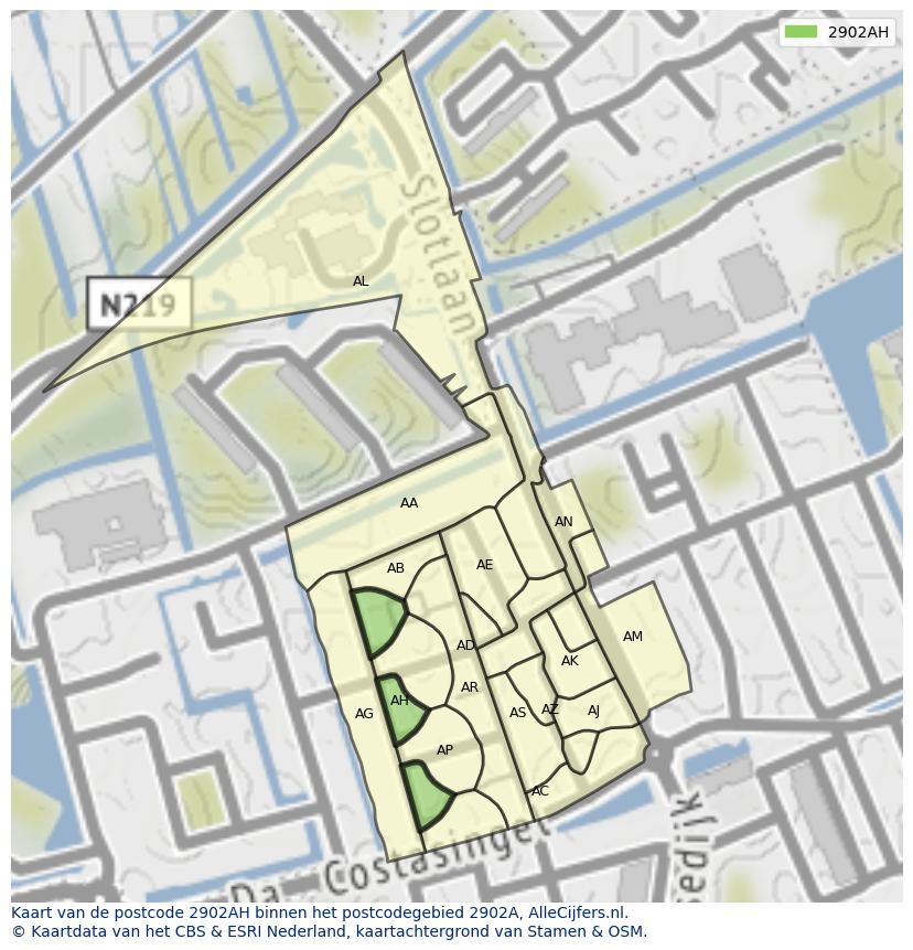 Afbeelding van het postcodegebied 2902 AH op de kaart.