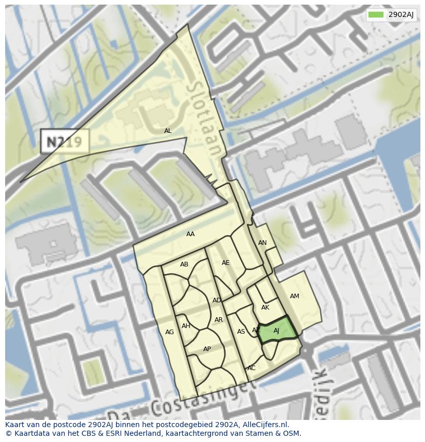 Afbeelding van het postcodegebied 2902 AJ op de kaart.