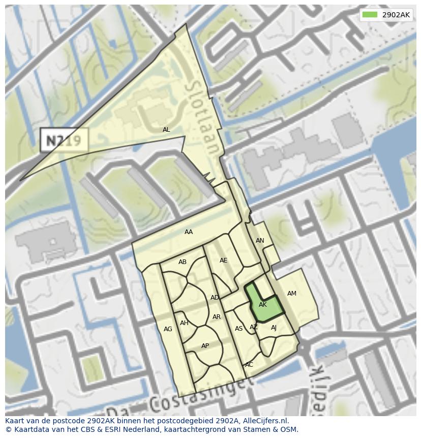 Afbeelding van het postcodegebied 2902 AK op de kaart.