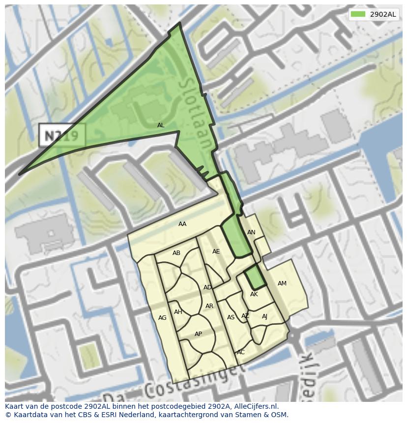 Afbeelding van het postcodegebied 2902 AL op de kaart.