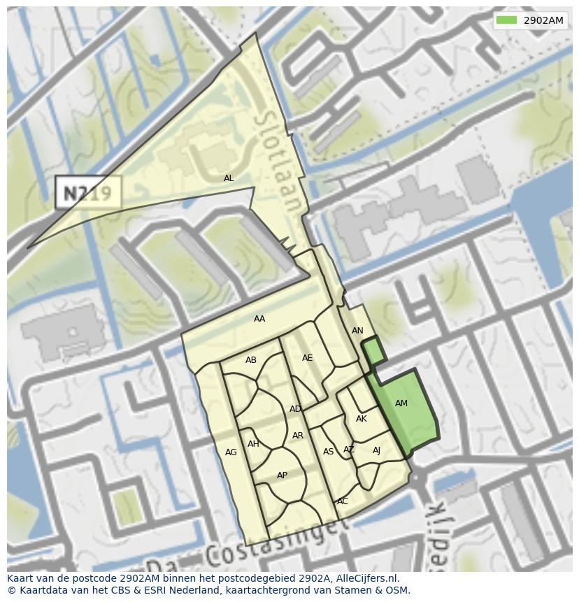 Afbeelding van het postcodegebied 2902 AM op de kaart.