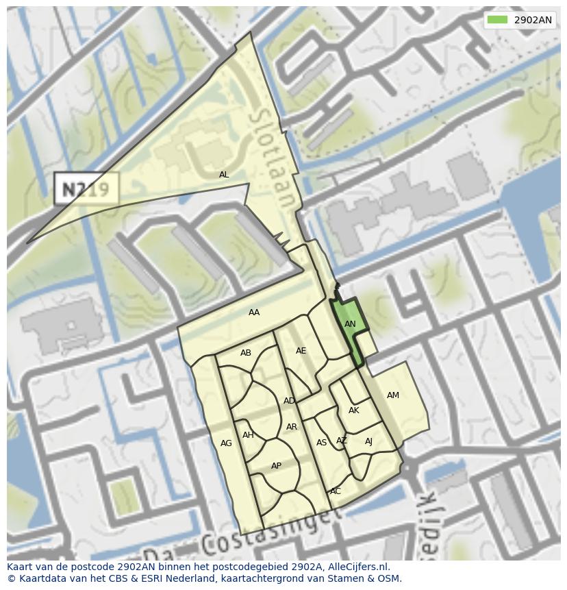 Afbeelding van het postcodegebied 2902 AN op de kaart.