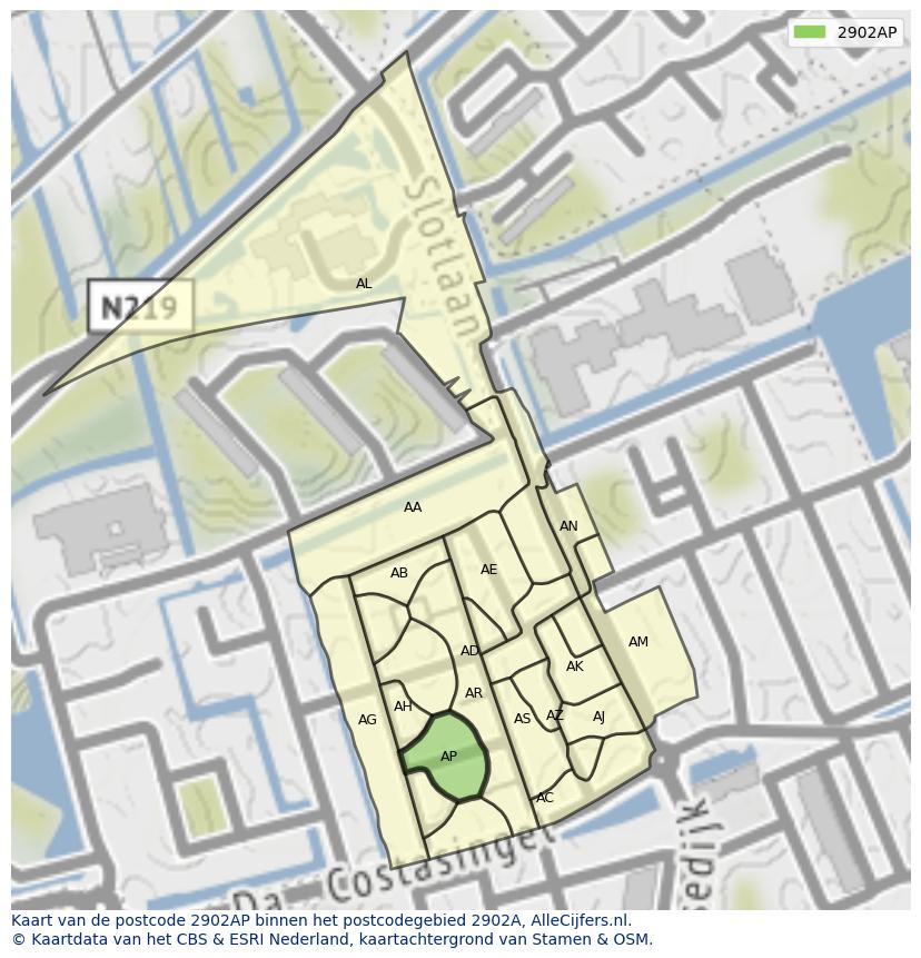 Afbeelding van het postcodegebied 2902 AP op de kaart.