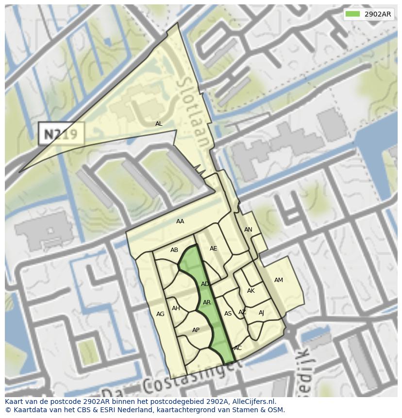 Afbeelding van het postcodegebied 2902 AR op de kaart.