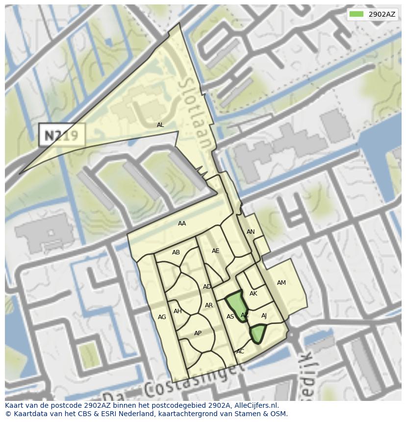 Afbeelding van het postcodegebied 2902 AZ op de kaart.