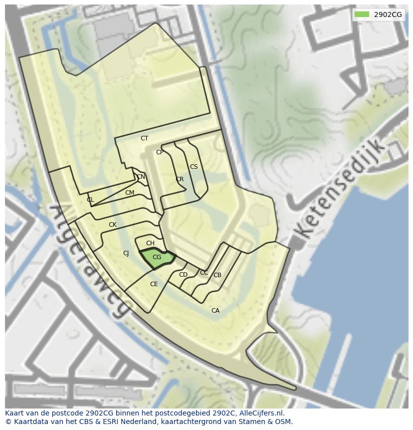 Afbeelding van het postcodegebied 2902 CG op de kaart.