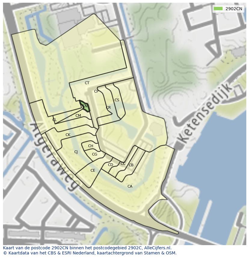 Afbeelding van het postcodegebied 2902 CN op de kaart.