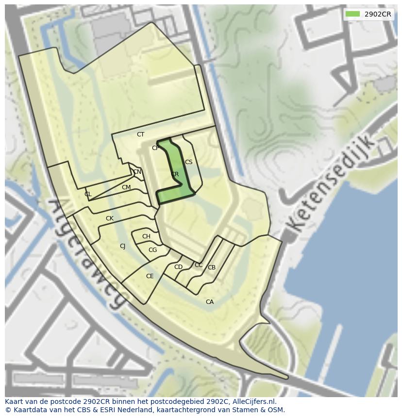Afbeelding van het postcodegebied 2902 CR op de kaart.