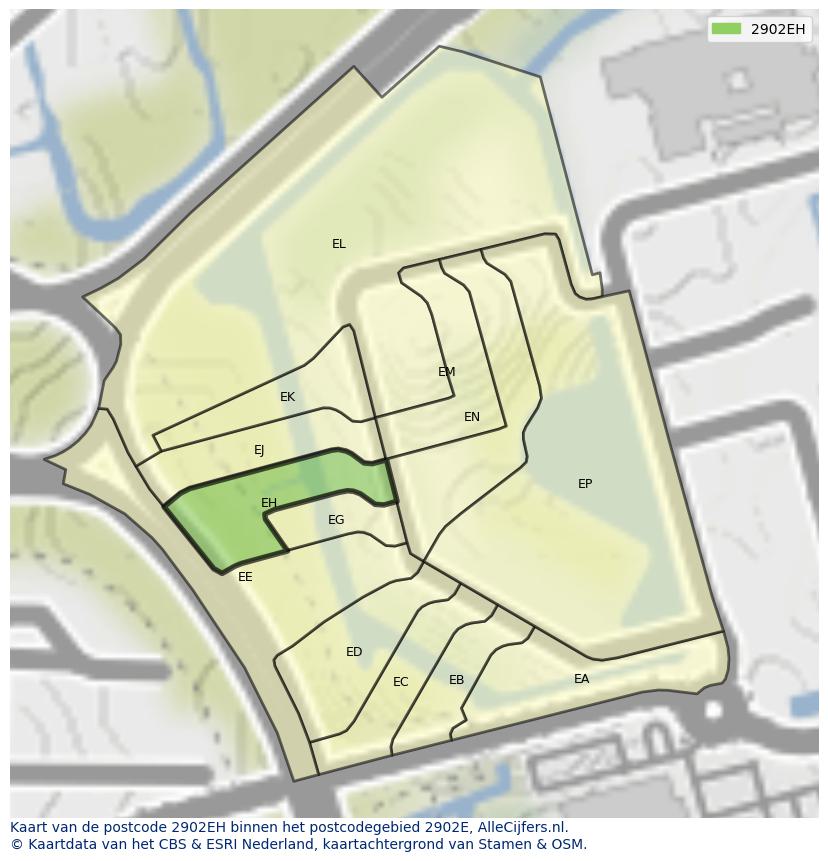 Afbeelding van het postcodegebied 2902 EH op de kaart.
