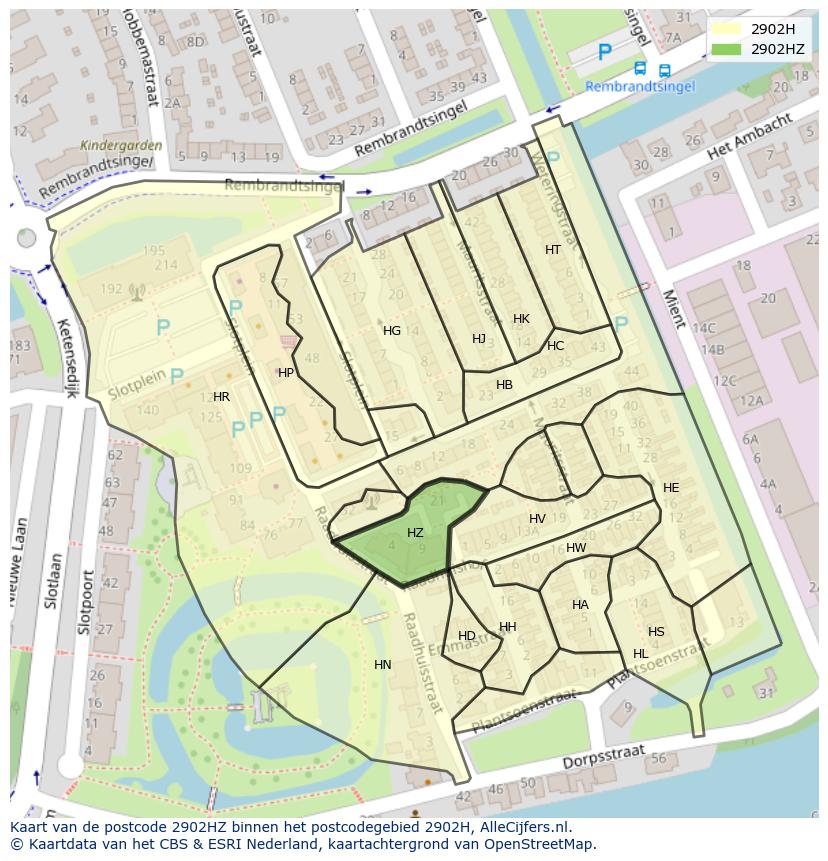 Afbeelding van het postcodegebied 2902 HZ op de kaart.