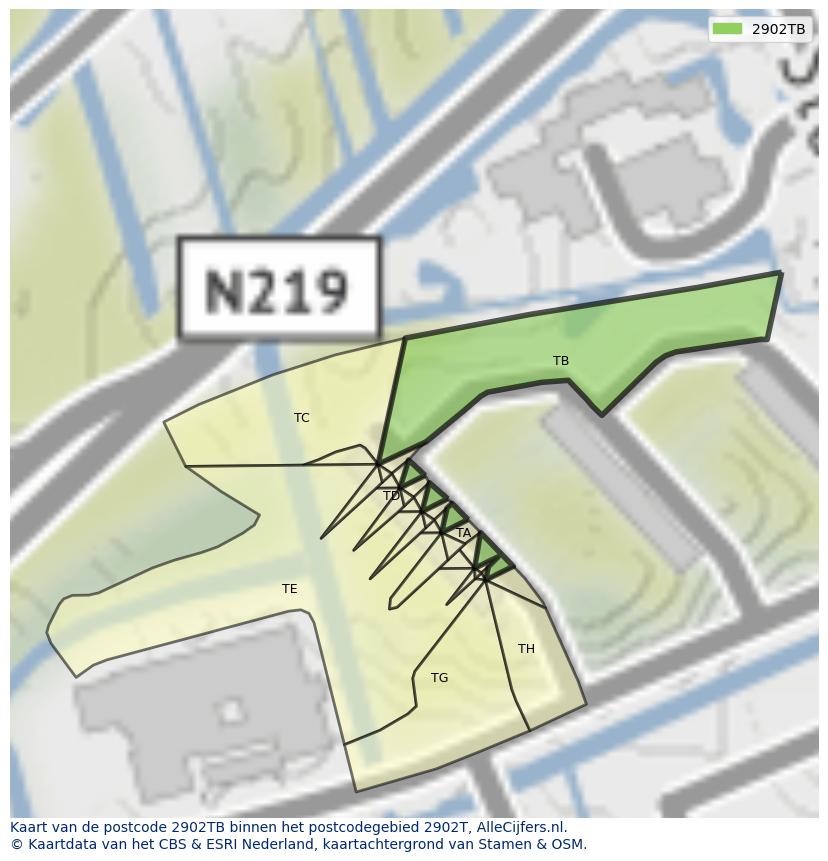 Afbeelding van het postcodegebied 2902 TB op de kaart.