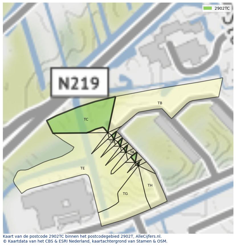 Afbeelding van het postcodegebied 2902 TC op de kaart.