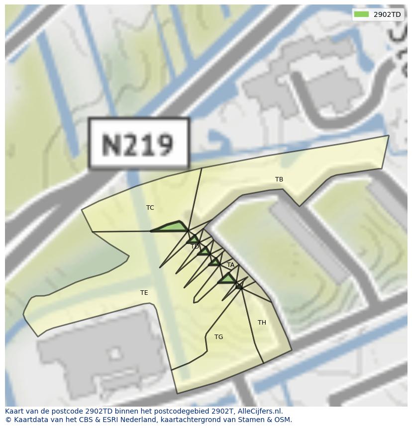 Afbeelding van het postcodegebied 2902 TD op de kaart.