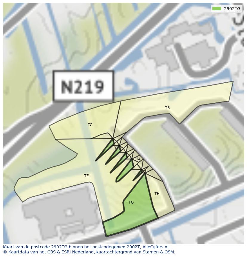 Afbeelding van het postcodegebied 2902 TG op de kaart.