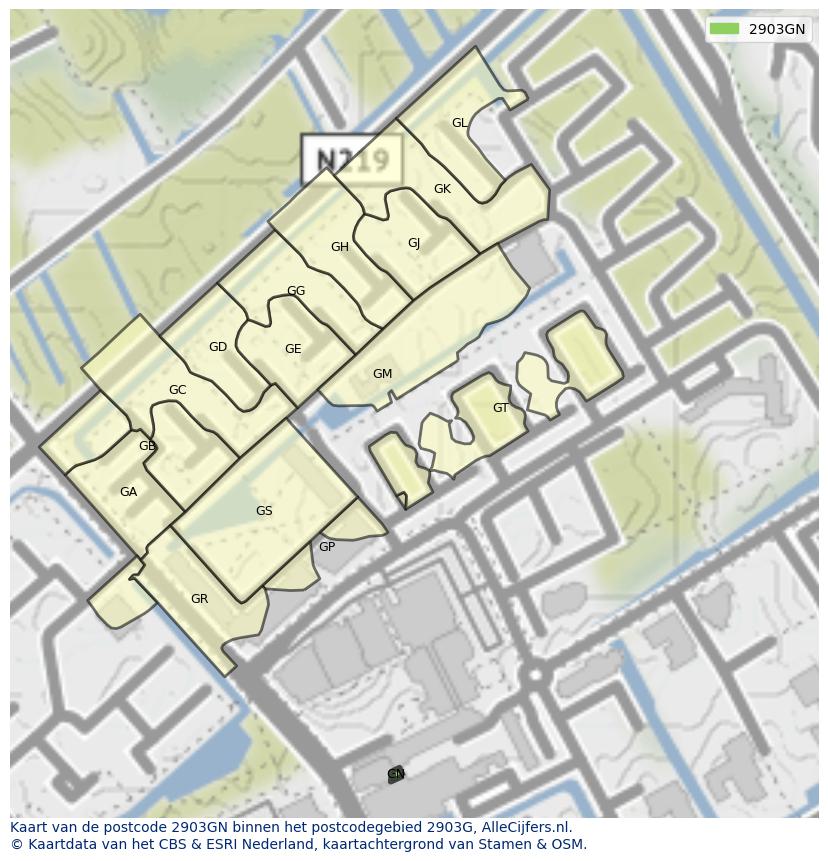 Afbeelding van het postcodegebied 2903 GN op de kaart.