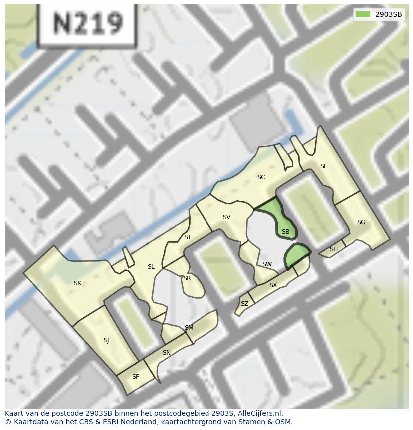 Afbeelding van het postcodegebied 2903 SB op de kaart.